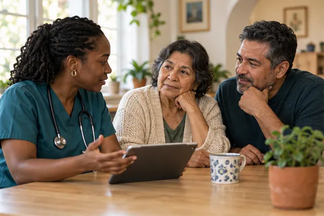 Illustrative scene of a healthcare professional talking with an older adult and a family member beside a tablet.