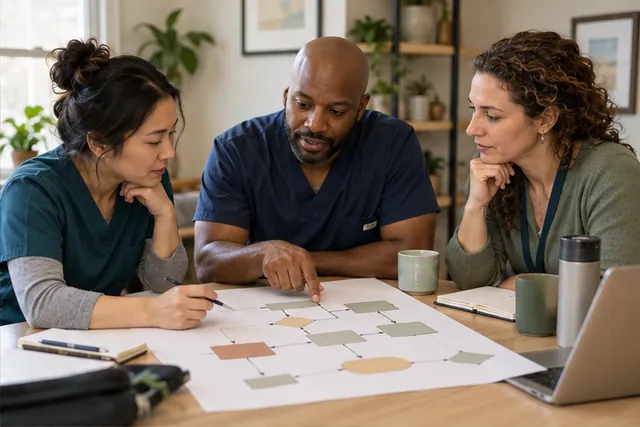 Illustrative scene of a diverse clinical team reviewing a workflow together at a table.