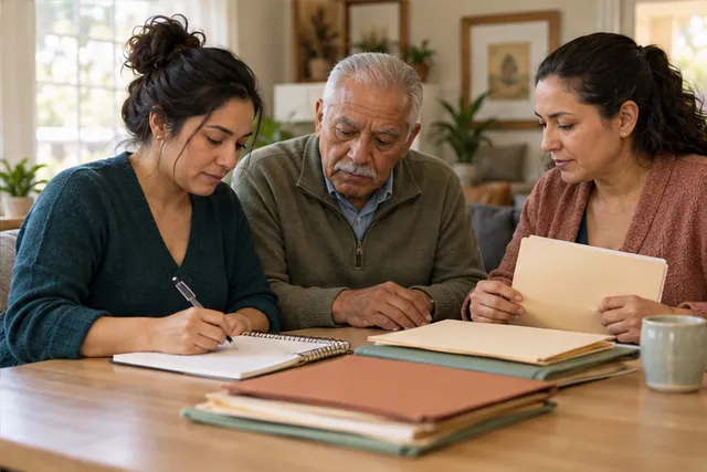 Illustrative scene of family caregivers organizing a notebook and folders together at home.