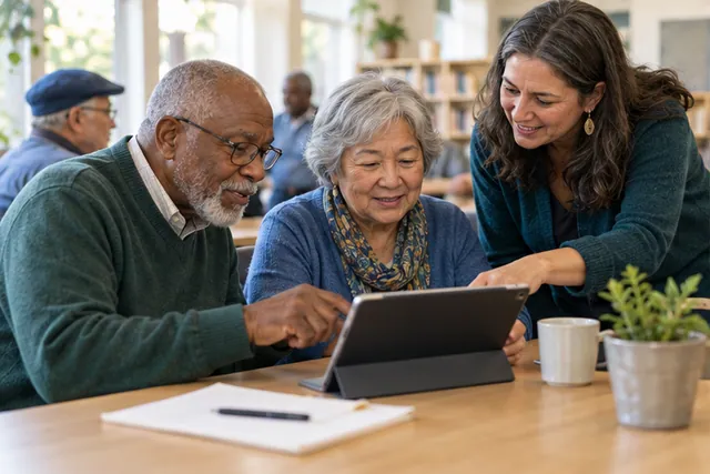Illustrative scene of older adults exploring a tablet with an educator in a community learning space.